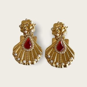 Yosca signed red crystal pearl gold tone pierced earrings